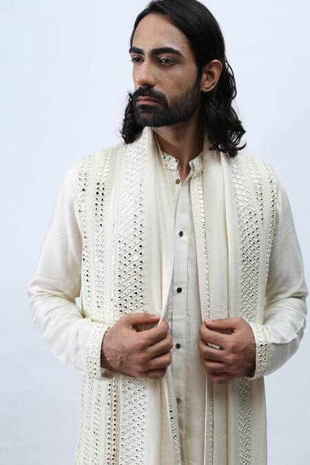 Kaka Calcutta_White Bam And Cotton Mirror Embroidered Achkan Set _Online_at_Aza_Fashions