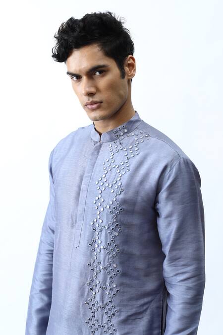Kaka Calcutta_Grey Bam And Cotton Mirror Placement Embroidered Kurta & Pant Set _Online_at_Aza_Fashions