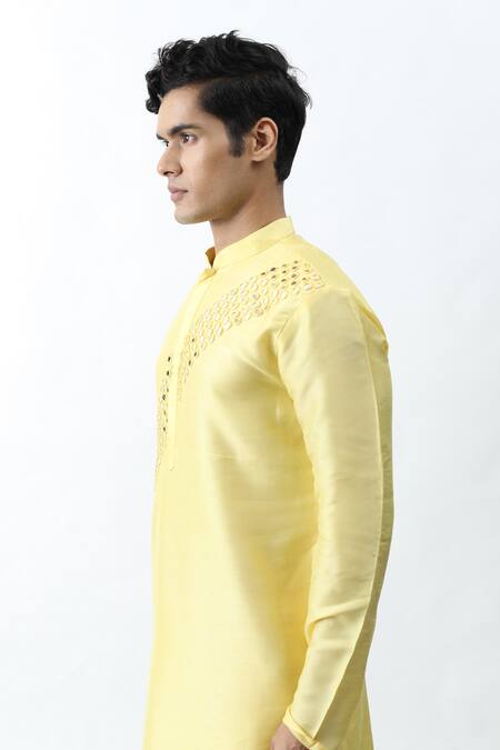Kaka Calcutta_Yellow Bam And Cotton Mirror Placement Embroidered Kurta & Pant Set _Online_at_Aza_Fashions