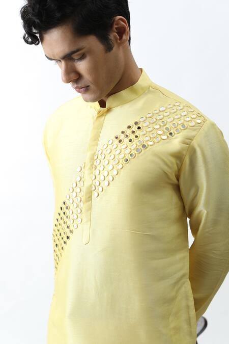 Shop_Kaka Calcutta_Yellow Bam And Cotton Mirror Placement Embroidered Kurta & Pant Set _Online_at_Aza_Fashions