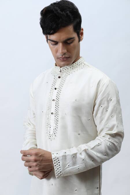 Buy_Kaka Calcutta_White Bam And Cotton Mirror Embroidered Kurta & Pant Set _Online_at_Aza_Fashions