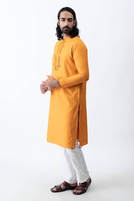 Kaka Calcutta_Orange Satin And Silk Thread Kurta & Pant Set _Online_at_Aza_Fashions
