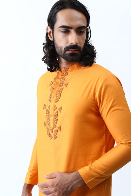 Buy_Kaka Calcutta_Orange Satin And Silk Thread Kurta & Pant Set _Online_at_Aza_Fashions