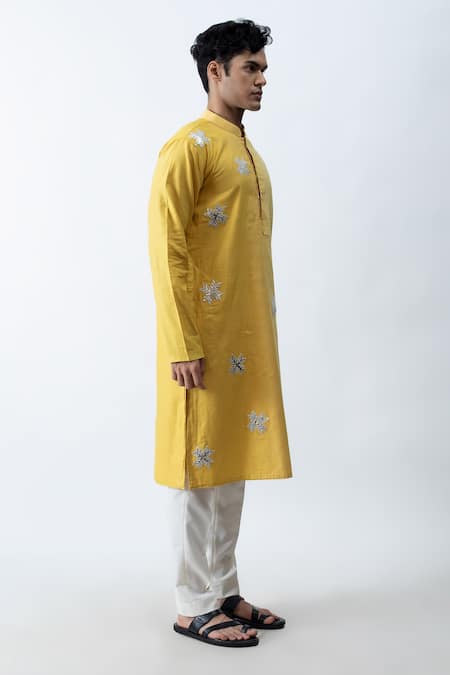 Kaka Calcutta_Yellow Satin And Silk Applique Work Kurta & Pant Set _Online_at_Aza_Fashions