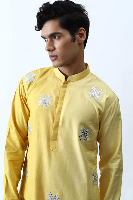 Buy_Kaka Calcutta_Yellow Satin And Silk Applique Work Kurta & Pant Set _Online_at_Aza_Fashions