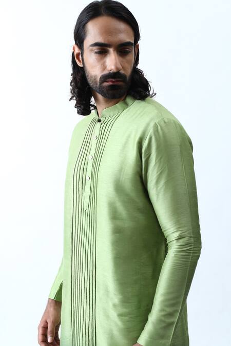 Kaka Calcutta_Green Bam And Cotton Cord Detail Ombre Kurta & Pant Set _Online_at_Aza_Fashions