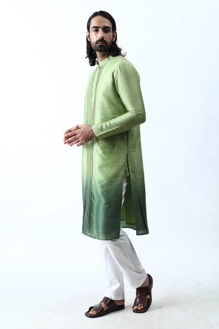 Buy_Kaka Calcutta_Green Bam And Cotton Cord Detail Ombre Kurta & Pant Set _Online_at_Aza_Fashions