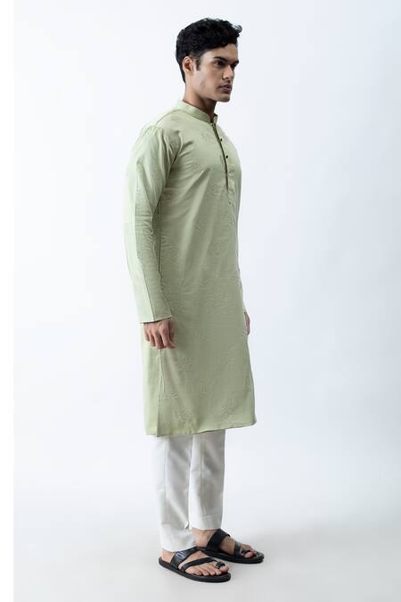 Kaka Calcutta_Green Satin And Silk Thread Embroidered Kurta & Pant Set _Online_at_Aza_Fashions