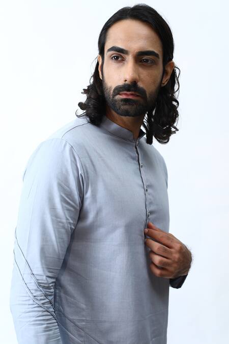 Kaka Calcutta_Blue Satin And Silk Cord Detail Kurta & Pant Set _Online_at_Aza_Fashions