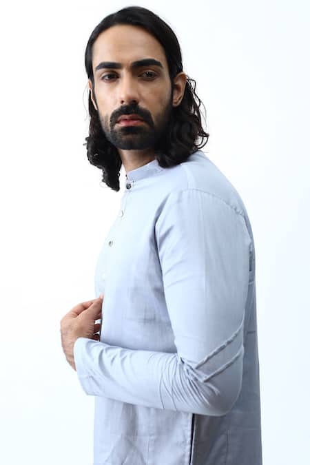 Buy_Kaka Calcutta_Blue Satin And Silk Cord Detail Kurta & Pant Set _Online_at_Aza_Fashions