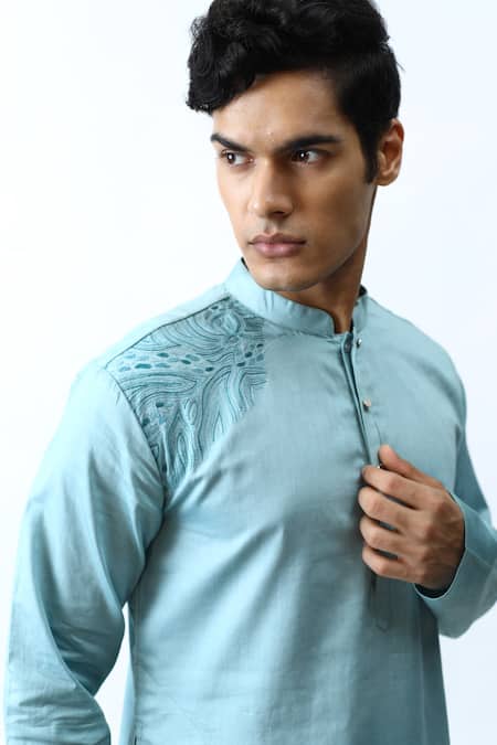 Kaka Calcutta_Blue Satin And Silk Thread Placement Embroidered Kurta & Pant Set _Online_at_Aza_Fashions