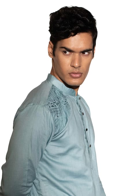 Buy_Kaka Calcutta_Blue Satin And Silk Thread Placement Embroidered Kurta & Pant Set _Online_at_Aza_Fashions