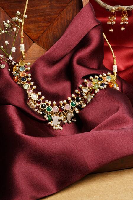 Shop Hairatt Multi Color Stone And Pearls Handcrafted Embellished Choker Set at Aza Fashions Shop_Hairatt_Multi Color Stone And Pearls Handcrafted Embellished Choker Set_at_Aza_Fashions