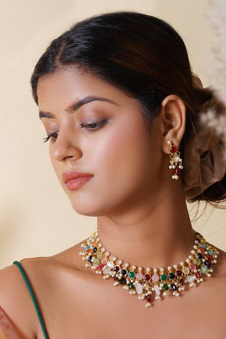 Buy Hairatt Multi Color Stone And Pearls Handcrafted Embellished Choker Set Online at Aza Fashions Buy_Hairatt_Multi Color Stone And Pearls Handcrafted Embellished Choker Set_Online_at_Aza_Fashions