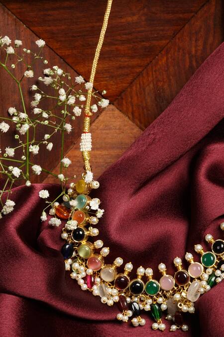 Shop Hairatt Multi Color Stone And Pearls Handcrafted Embellished Choker Set Online at Aza Fashions Shop_Hairatt_Multi Color Stone And Pearls Handcrafted Embellished Choker Set_Online_at_Aza_Fashions