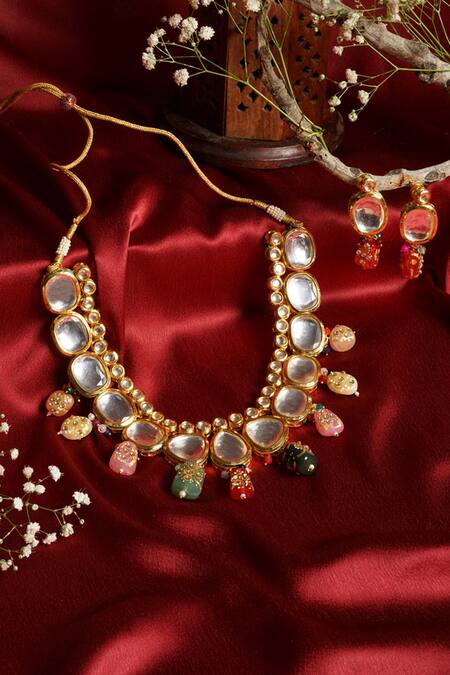 Shop_Hairatt_Multi Color Polki Kundan Necklace Set With Earrings _at_Aza_Fashions