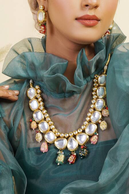Hairatt_Multi Color Polki Kundan Necklace Set With Earrings _Online_at_Aza_Fashions