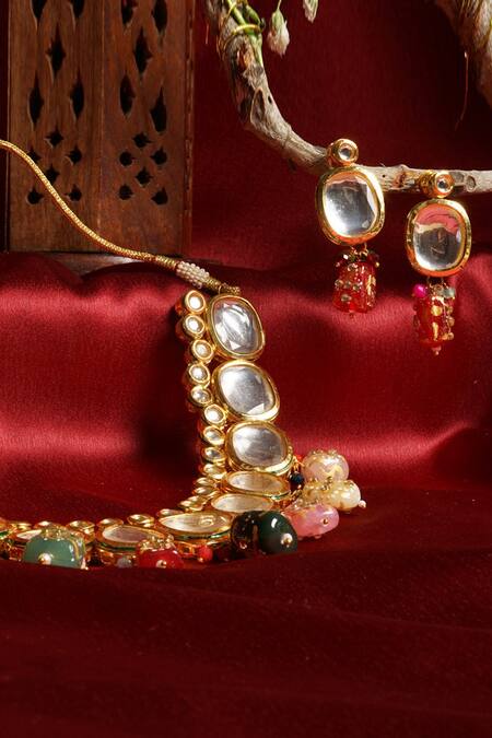 Buy_Hairatt_Multi Color Polki Kundan Necklace Set With Earrings _Online_at_Aza_Fashions