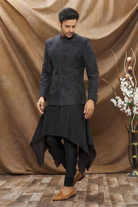 Buy Vivek Karunakaran Black Poly Raw Silk Thread Work Floral Embroidered Bandhgala Online at Aza Fashions Buy_Vivek Karunakaran_Black Poly Raw Silk Thread Work Floral Embroidered Bandhgala _Online_at_Aza_Fashions