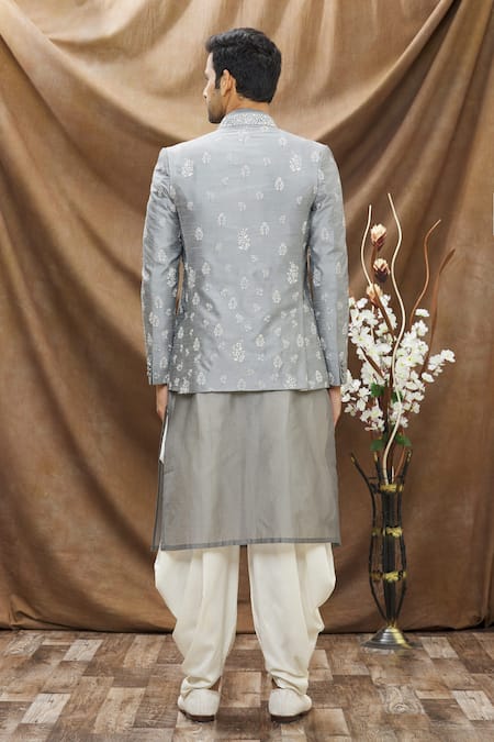 Shop_Vivek Karunakaran_Grey Poly Raw Silk Thread Work Floral Embroidered Bandhgala _at_Aza_Fashions