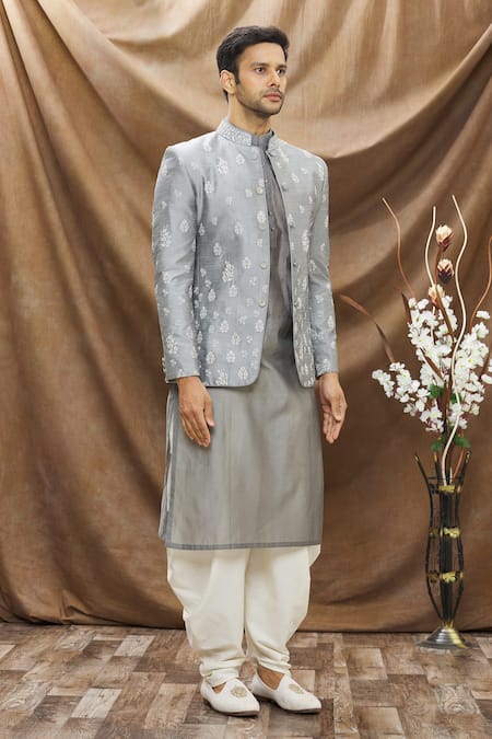 Vivek Karunakaran_Grey Poly Raw Silk Thread Work Floral Embroidered Bandhgala _Online_at_Aza_Fashions