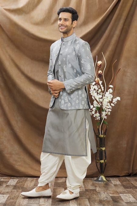 Buy_Vivek Karunakaran_Grey Poly Raw Silk Thread Work Floral Embroidered Bandhgala _Online_at_Aza_Fashions