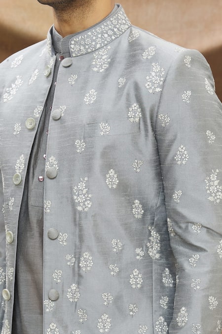 Vivek Karunakaran_Grey Poly Raw Silk Thread Work Floral Embroidered Bandhgala _at_Aza_Fashions