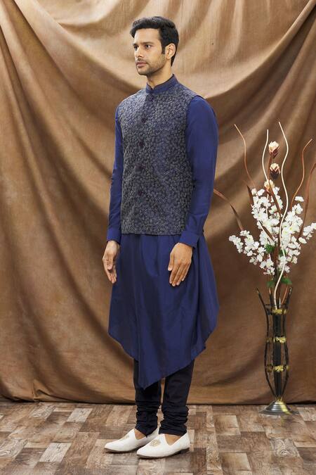 Shop Vivek Karunakaran Blue Poly Raw Silk Thread Work Floral Embroidered Bundi Online at Aza Fashions Shop_Vivek Karunakaran_Blue Poly Raw Silk Thread Work Floral Embroidered Bundi _Online_at_Aza_Fashions