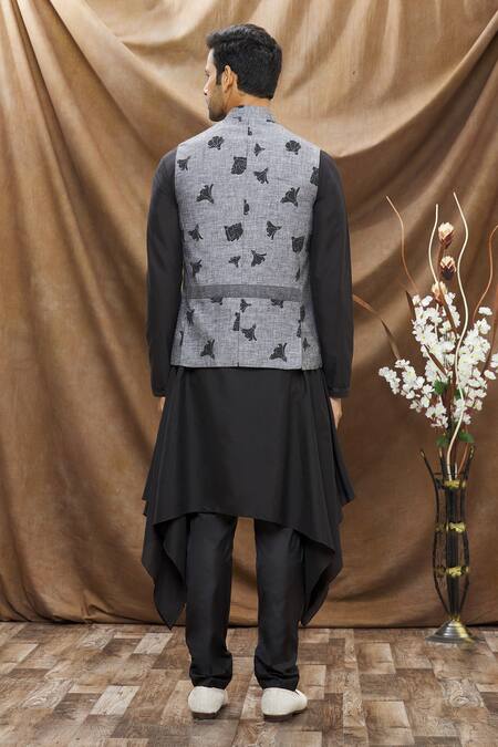 Shop_Vivek Karunakaran_Grey Melange Linen Printed Tulip Bundi _at_Aza_Fashions