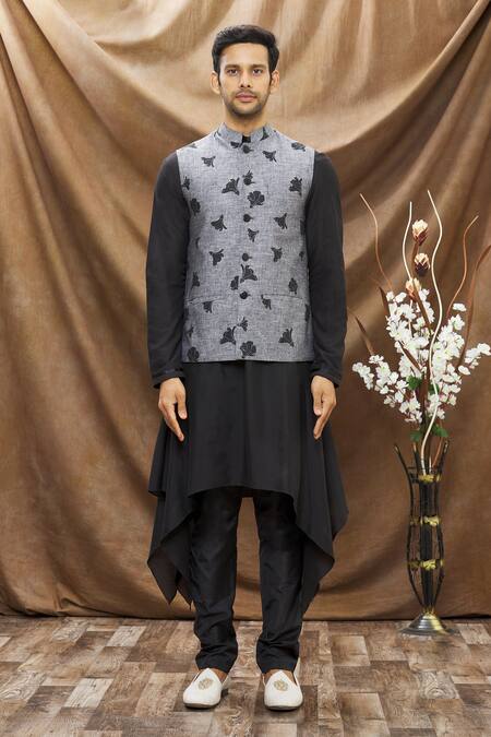 Vivek Karunakaran_Grey Melange Linen Printed Tulip Bundi _Online_at_Aza_Fashions