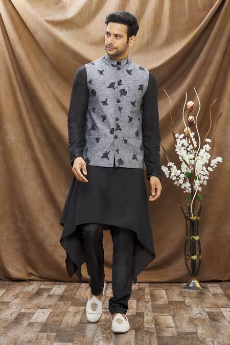 Buy_Vivek Karunakaran_Grey Melange Linen Printed Tulip Bundi _Online_at_Aza_Fashions