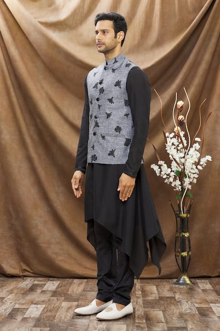 Shop_Vivek Karunakaran_Grey Melange Linen Printed Tulip Bundi _Online_at_Aza_Fashions