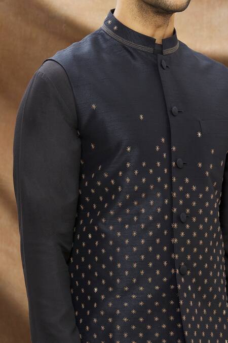 Vivek Karunakaran Black Poly Raw Silk Thread Work Star Embroidered Bundi at Aza Fashions Vivek Karunakaran_Black Poly Raw Silk Thread Work Star Embroidered Bundi _at_Aza_Fashions