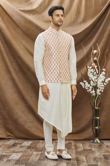 Vivek Karunakaran_Beige Poly Raw Silk Embroidered Thread Work Floral Bundi _Online_at_Aza_Fashions