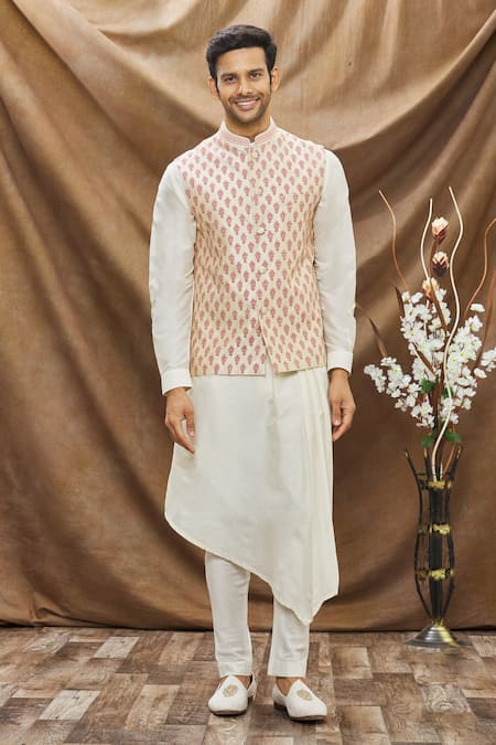 Buy_Vivek Karunakaran_Beige Poly Raw Silk Embroidered Thread Work Floral Bundi _Online_at_Aza_Fashions