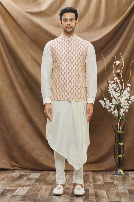 Shop_Vivek Karunakaran_Beige Poly Raw Silk Embroidered Thread Work Floral Bundi _Online_at_Aza_Fashions