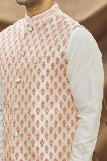 Vivek Karunakaran_Beige Poly Raw Silk Embroidered Thread Work Floral Bundi _at_Aza_Fashions