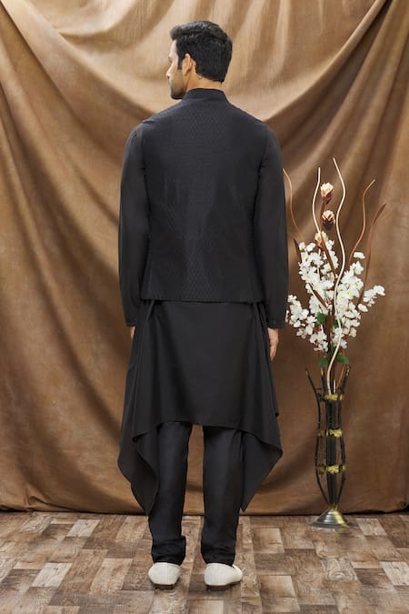 Shop_Vivek Karunakaran_Black Poly Raw Silk Thread Work Jaal Embroidered Bundi _at_Aza_Fashions