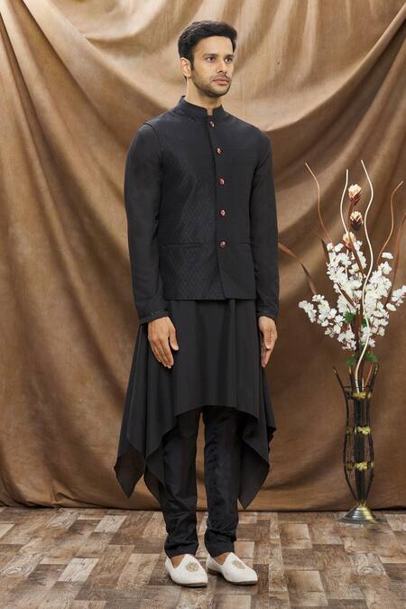 Vivek Karunakaran_Black Poly Raw Silk Thread Work Jaal Embroidered Bundi _Online_at_Aza_Fashions