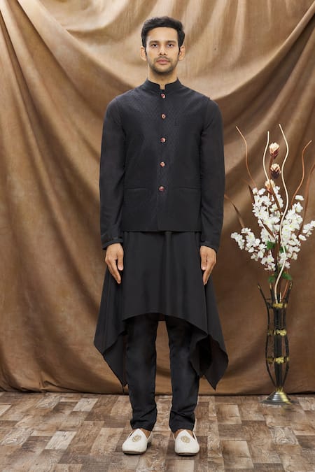 Shop_Vivek Karunakaran_Black Poly Raw Silk Thread Work Jaal Embroidered Bundi _Online_at_Aza_Fashions