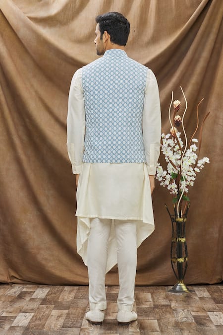 Shop Vivek Karunakaran Blue Cotton Thread Work Floral Embroidered Bundi at Aza Fashions Shop_Vivek Karunakaran_Blue Cotton Thread Work Floral Embroidered Bundi _at_Aza_Fashions