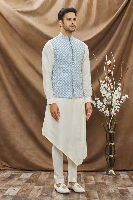 Vivek Karunakaran Blue Cotton Thread Work Floral Embroidered Bundi Online at Aza Fashions Vivek Karunakaran_Blue Cotton Thread Work Floral Embroidered Bundi _Online_at_Aza_Fashions
