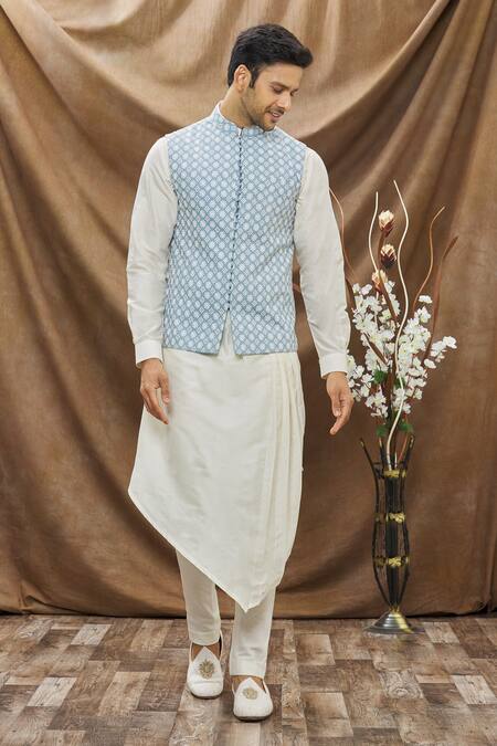 Buy Vivek Karunakaran Blue Cotton Thread Work Floral Embroidered Bundi Online at Aza Fashions Buy_Vivek Karunakaran_Blue Cotton Thread Work Floral Embroidered Bundi _Online_at_Aza_Fashions