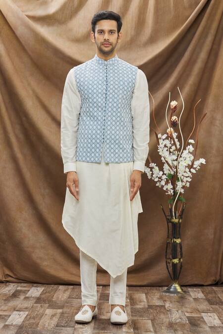 Shop Vivek Karunakaran Blue Cotton Thread Work Floral Embroidered Bundi Online at Aza Fashions Shop_Vivek Karunakaran_Blue Cotton Thread Work Floral Embroidered Bundi _Online_at_Aza_Fashions