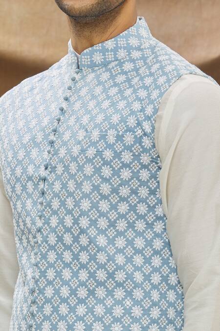 Vivek Karunakaran Blue Cotton Thread Work Floral Embroidered Bundi at Aza Fashions Vivek Karunakaran_Blue Cotton Thread Work Floral Embroidered Bundi _at_Aza_Fashions
