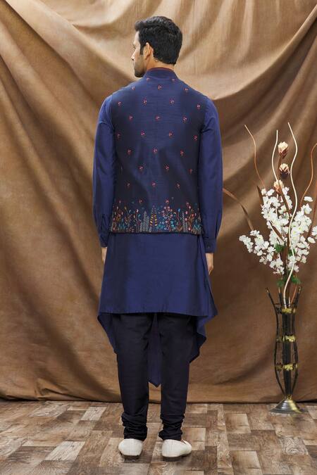 Shop Vivek Karunakaran Blue Poly Raw Silk Thread Work Floral Embroidered Bundi at Aza Fashions Shop_Vivek Karunakaran_Blue Poly Raw Silk Thread Work Floral Embroidered Bundi _at_Aza_Fashions