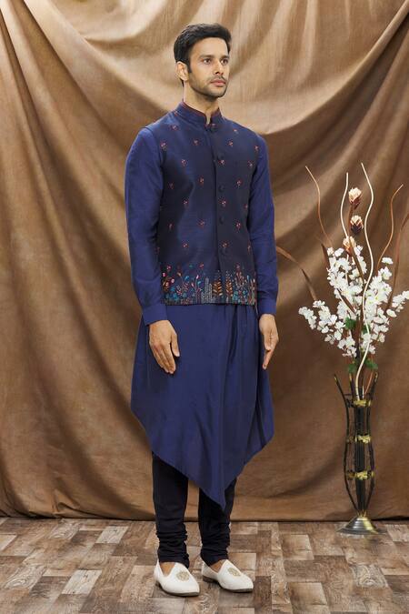 Vivek Karunakaran Blue Poly Raw Silk Thread Work Floral Embroidered Bundi Online at Aza Fashions Vivek Karunakaran_Blue Poly Raw Silk Thread Work Floral Embroidered Bundi _Online_at_Aza_Fashions
