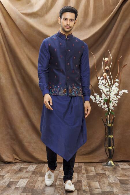 Buy Vivek Karunakaran Blue Poly Raw Silk Thread Work Floral Embroidered Bundi Online at Aza Fashions Buy_Vivek Karunakaran_Blue Poly Raw Silk Thread Work Floral Embroidered Bundi _Online_at_Aza_Fashions