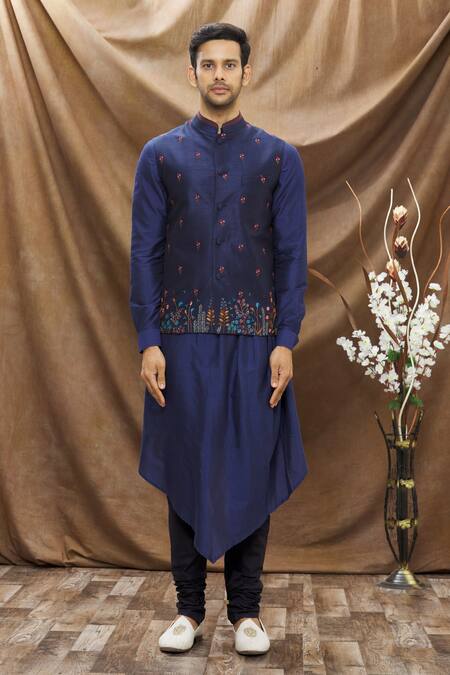 Shop Vivek Karunakaran Blue Poly Raw Silk Thread Work Floral Embroidered Bundi Online at Aza Fashions Shop_Vivek Karunakaran_Blue Poly Raw Silk Thread Work Floral Embroidered Bundi _Online_at_Aza_Fashions