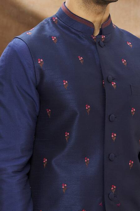 Vivek Karunakaran Blue Poly Raw Silk Thread Work Floral Embroidered Bundi at Aza Fashions Vivek Karunakaran_Blue Poly Raw Silk Thread Work Floral Embroidered Bundi _at_Aza_Fashions